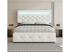 Cama estofada 140x200cm com LED - com cama de gavetão e 2 gavetas - tecido linho - Branco