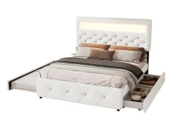 Cama estofada 140x200cm com LED - com cama de gavetão e 2 gavetas - tecido linho - Branco