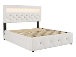 Cama estofada 140x200cm com LED - com cama de gavetão e 2 gavetas - tecido linho - Branco
