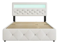 Cama estofada 140x200cm com LED - com cama de gavetão e 2 gavetas - tecido linho - Branco
