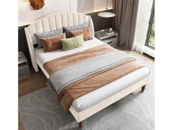 Cama estofada 140x200cm em veludo com base de ripas - Bege