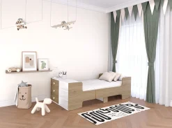 Cama evolutiva 90x140/170/190 cm com espaços de arrumação natural e branco GAROLIO