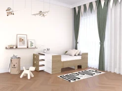 Cama evolutiva 90x140/170/190 cm com espaços de arrumação natural e branco GAROLIO