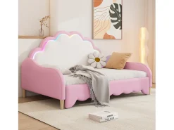Cama extraível infantil em imitação de pelo - 140x200cm - com LED e comando à distância - Rosa (colchão não incluído)