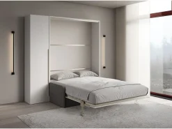 Cama francesa dobrável vertical Versia Sofà 140 com sofá, prateleira e guarda-roupa esquerdo de 1 porta Branco