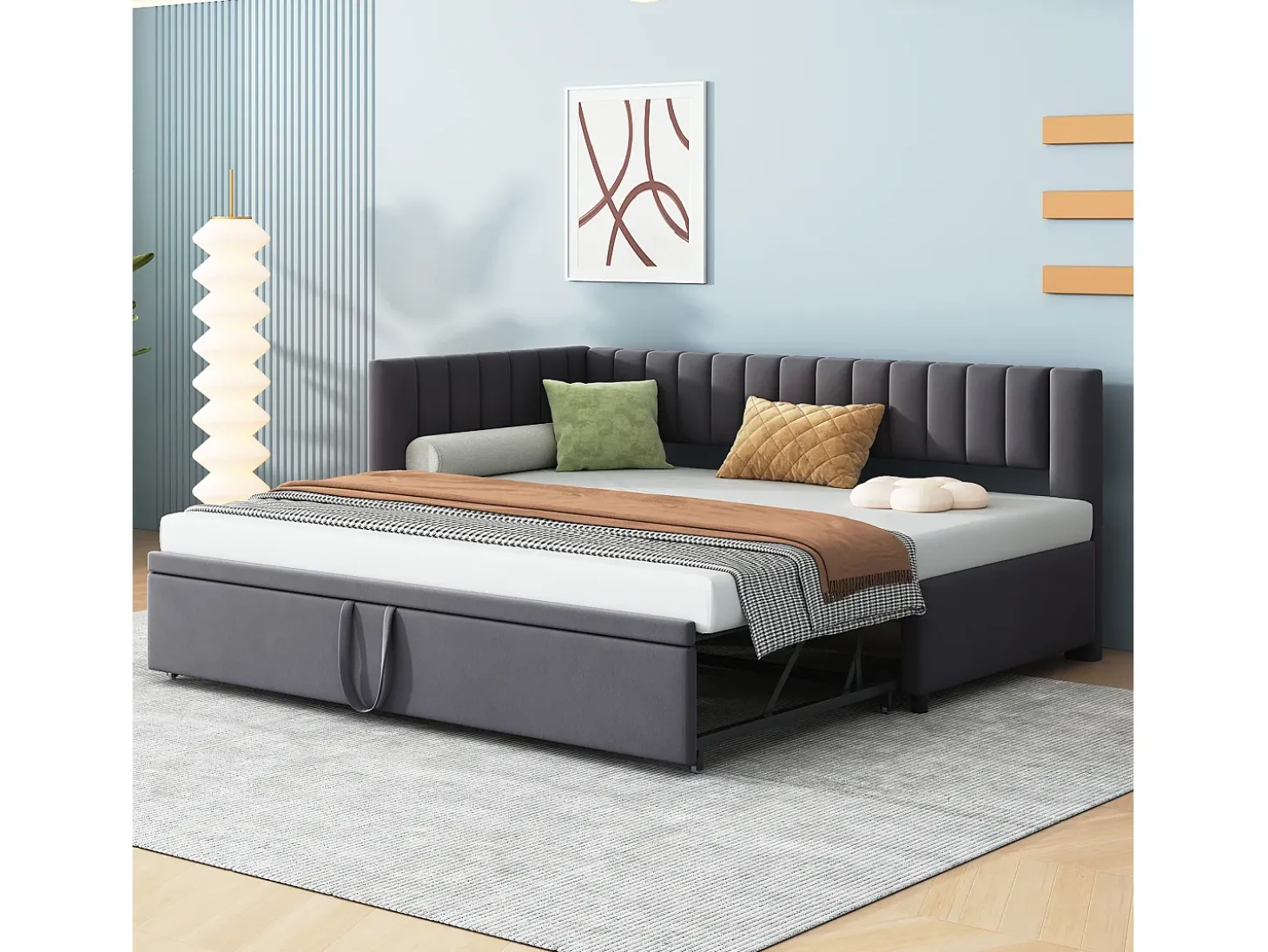 Cama Gaveta 90/180x200cm em veludo - Cinzento (colchão não incluído)