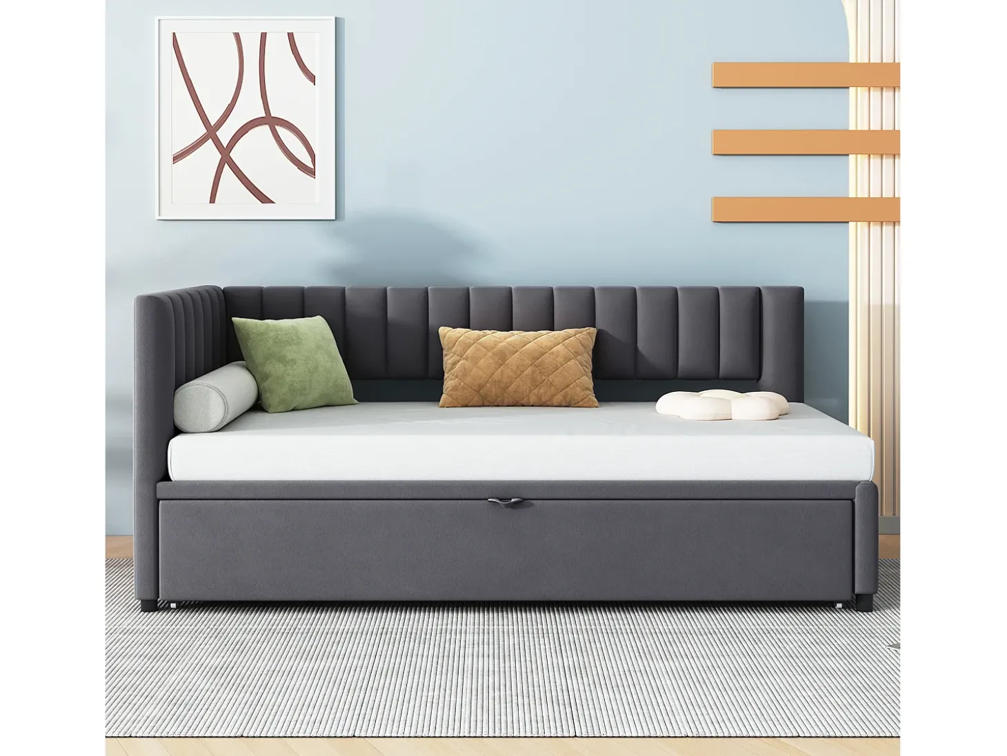 Cama Gaveta 90/180x200cm em veludo - Cinzento (colchão não incluído)