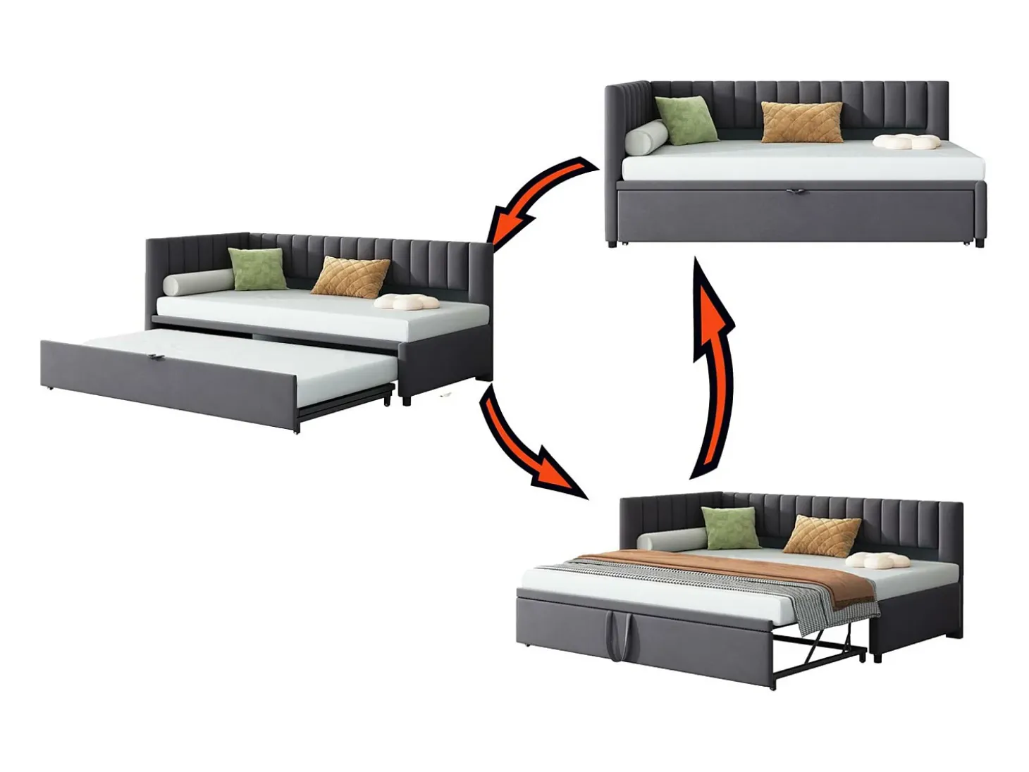 Cama Gaveta 90/180x200cm em veludo - Cinzento (colchão não incluído)