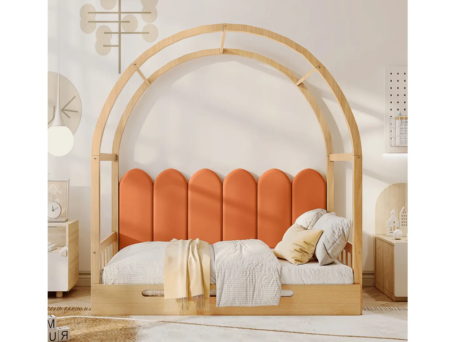 Cama gavetão 140x100/200cm em madeira maciça - com cabeceira em veludo e base em ripado - Laranja