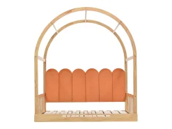 Cama gavetão 140x100/200cm em madeira maciça - com cabeceira em veludo e base em ripado - Laranja