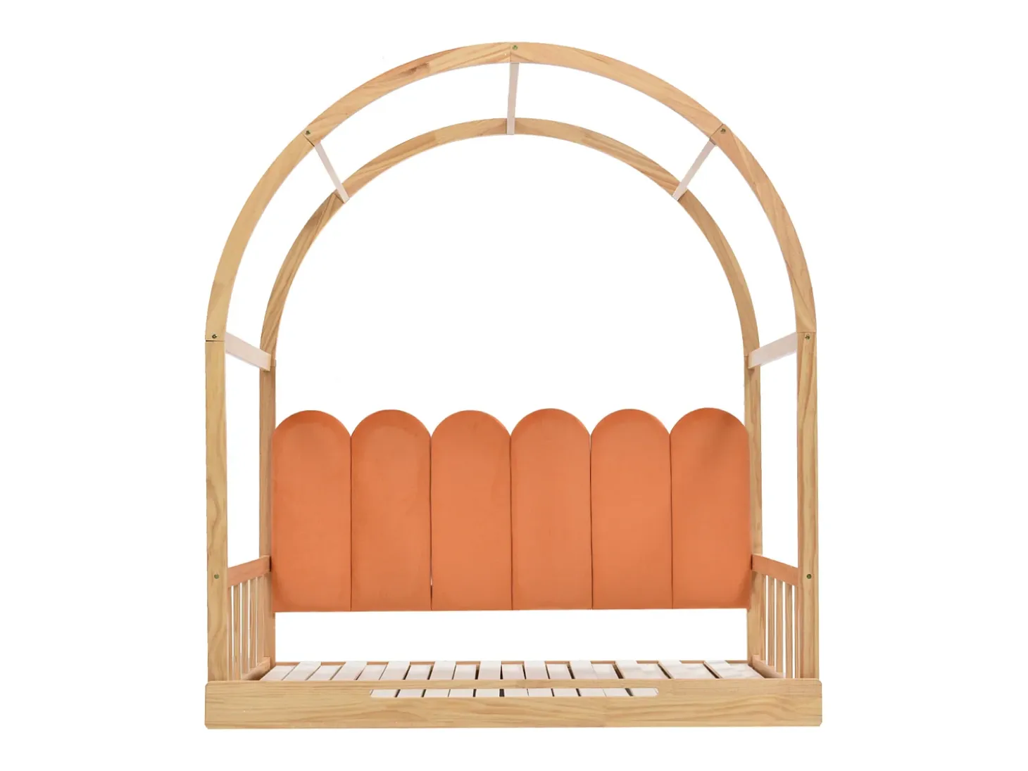 Cama gavetão 140x100/200cm em madeira maciça - com cabeceira em veludo e base em ripado - Laranja