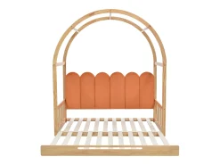 Cama gavetão 140x100/200cm em madeira maciça - com cabeceira em veludo e base em ripado - Laranja