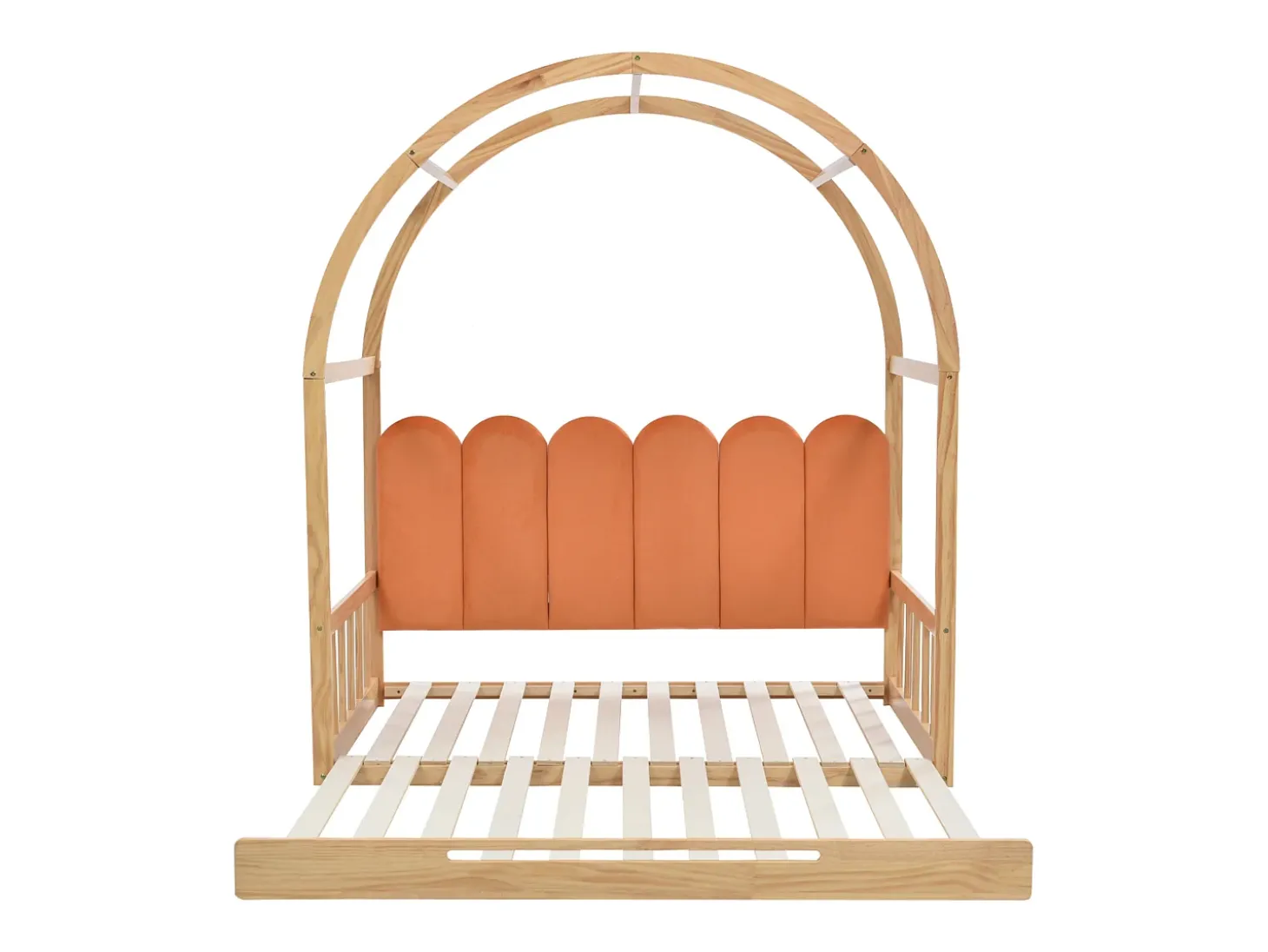 Cama gavetão 140x100/200cm em madeira maciça - com cabeceira em veludo e base em ripado - Laranja