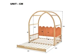 Cama gavetão 140x100/200cm em madeira maciça - com cabeceira em veludo e base em ripado - Laranja
