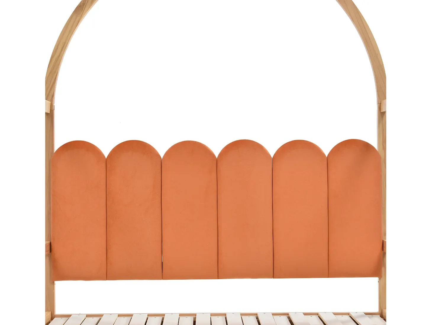 Cama gavetão 140x100/200cm em madeira maciça - com cabeceira em veludo e base em ripado - Laranja