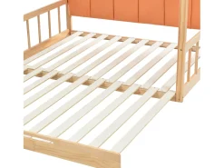 Cama gavetão 140x100/200cm em madeira maciça - com cabeceira em veludo e base em ripado - Laranja