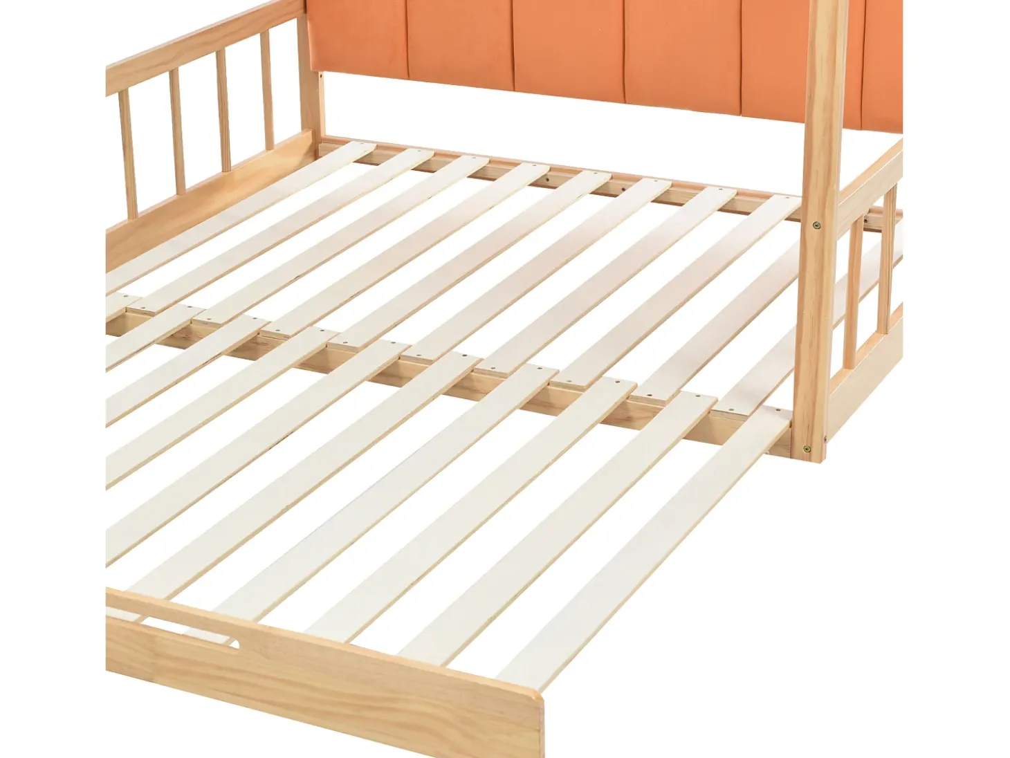Cama gavetão 140x100/200cm em madeira maciça - com cabeceira em veludo e base em ripado - Laranja
