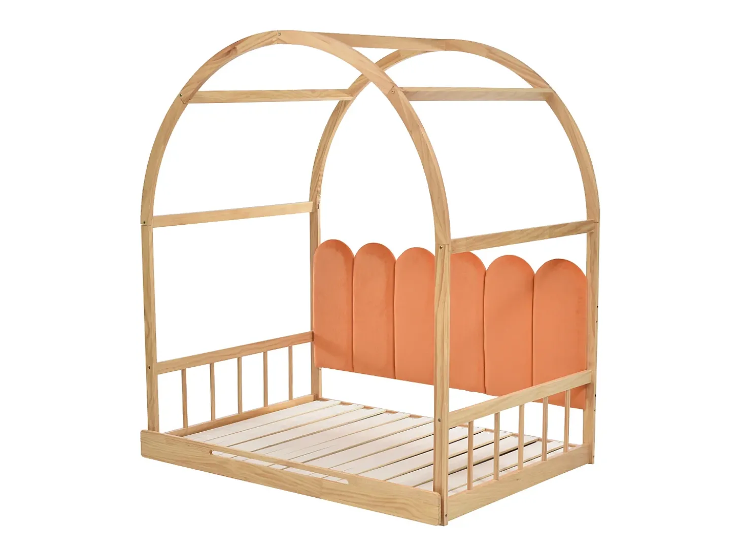 Cama gavetão 140x100/200cm em madeira maciça - com cabeceira em veludo e base em ripado - Laranja