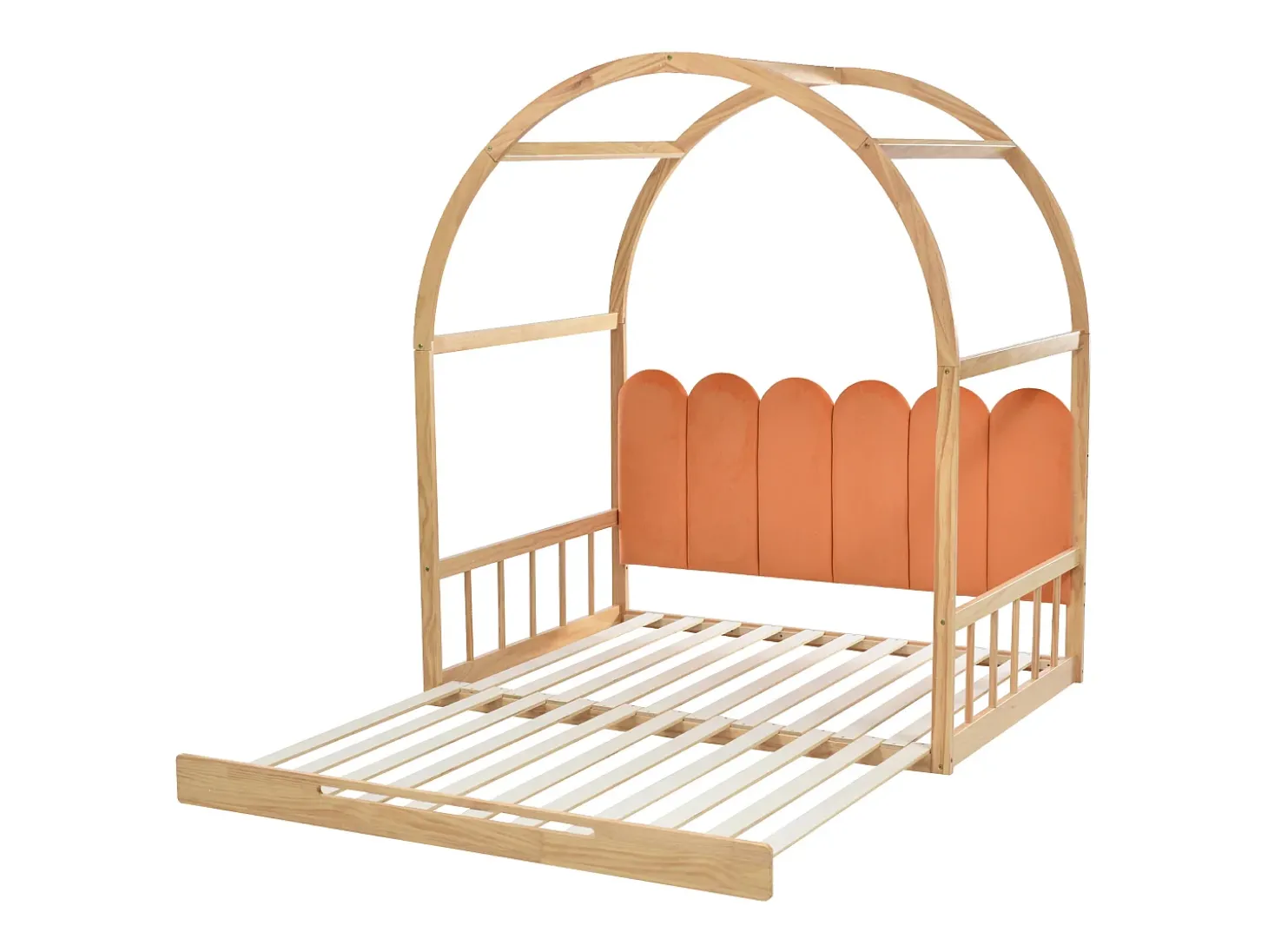 Cama gavetão 140x100/200cm em madeira maciça - com cabeceira em veludo e base em ripado - Laranja