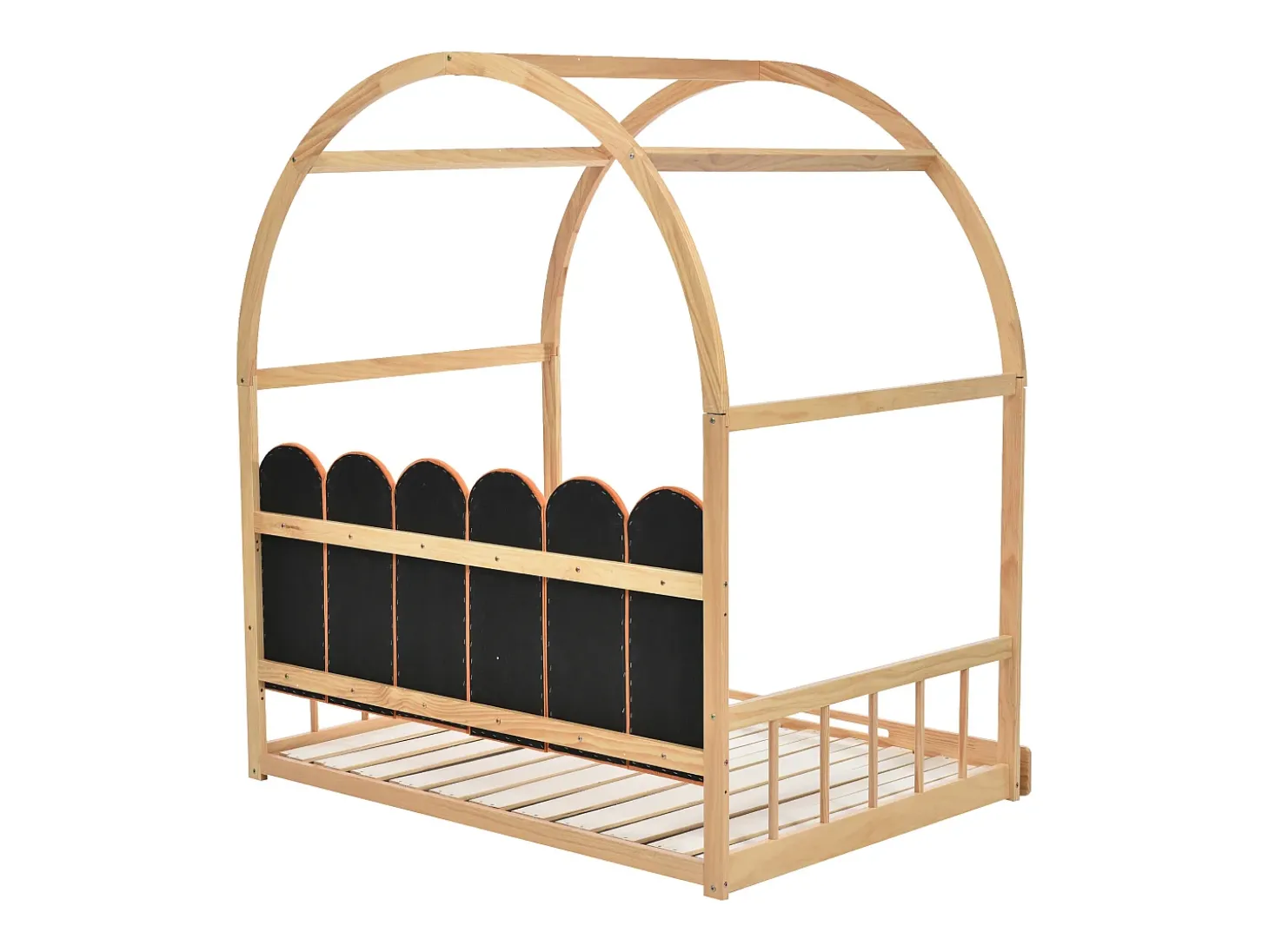 Cama gavetão 140x100/200cm em madeira maciça - com cabeceira em veludo e base em ripado - Laranja