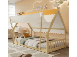 Cama individual 90 x 200 cm - Cama infantil com grade de proteção e tenda - design cabana de madeira - colchão não incluído