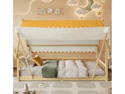 Cama individual 90 x 200 cm - Cama infantil com grade de proteção e tenda - design cabana de madeira - colchão não incluído