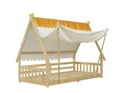 Cama individual 90 x 200 cm - Cama infantil com grade de proteção e tenda - design cabana de madeira - colchão não incluído