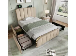 Cama individual estofada 90*200 cm, com acabamento dourado e carregamento USB tipo C, em linho bege, com 4 gavetas (sem colchão).