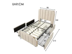 Cama individual estofada 90*200 cm, com acabamento dourado e carregamento USB tipo C, em linho bege, com 4 gavetas (sem colchão).