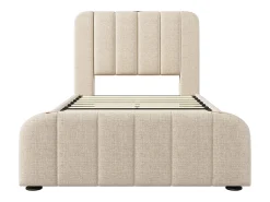Cama individual estofada 90*200 cm, com acabamento dourado e carregamento USB tipo C, em linho bege, com 4 gavetas (sem colchão).