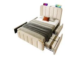 Cama individual estofada 90*200 cm, com acabamento dourado e carregamento USB tipo C, em linho bege, com 4 gavetas (sem colchão).