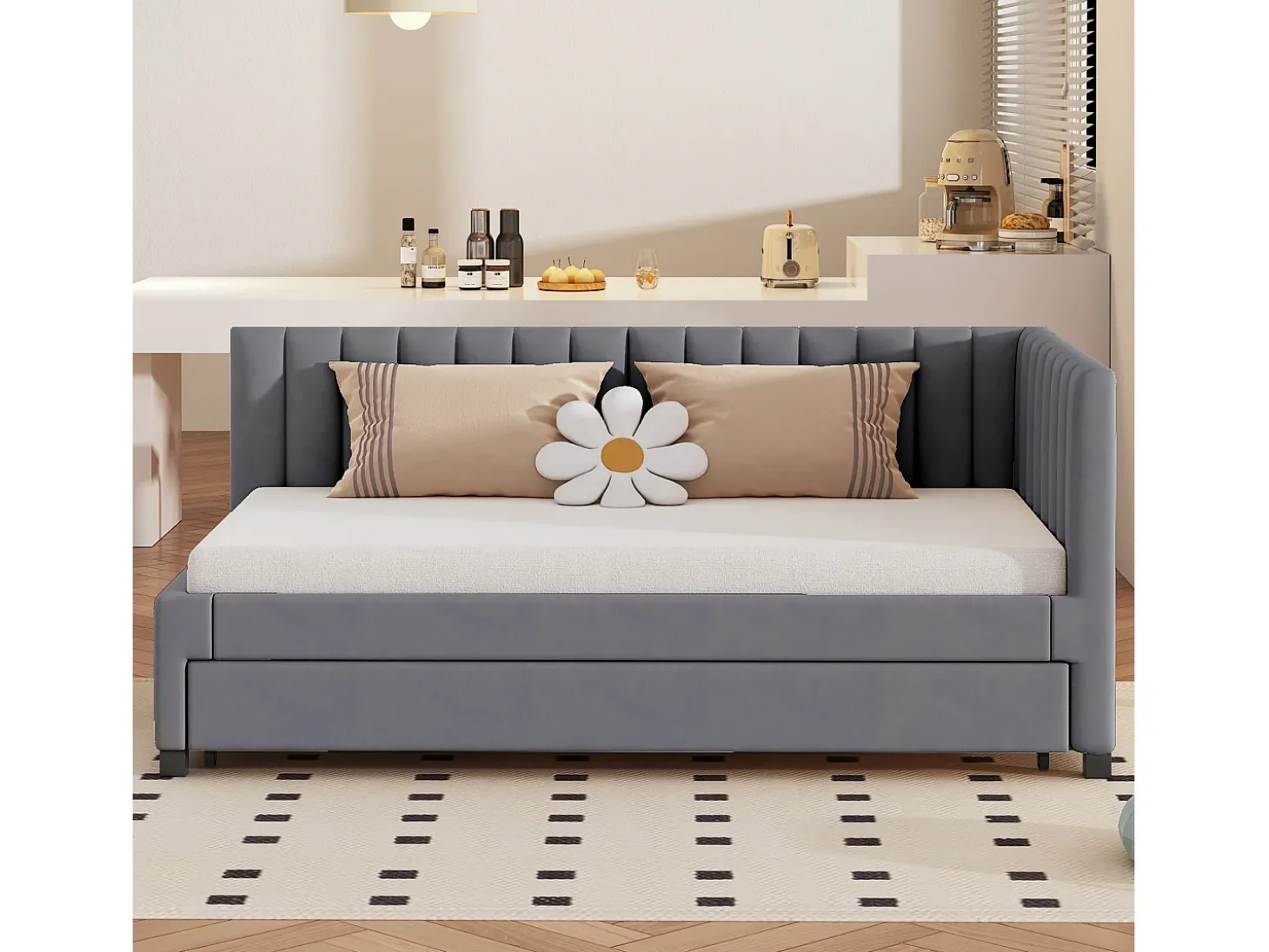 Cama individual 90x200 cm com cama de gavetão - forrada a veludo com base de ripas - Cinza
