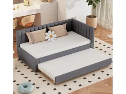 Cama individual 90x200 cm com cama de gavetão - forrada a veludo com base de ripas - Cinza