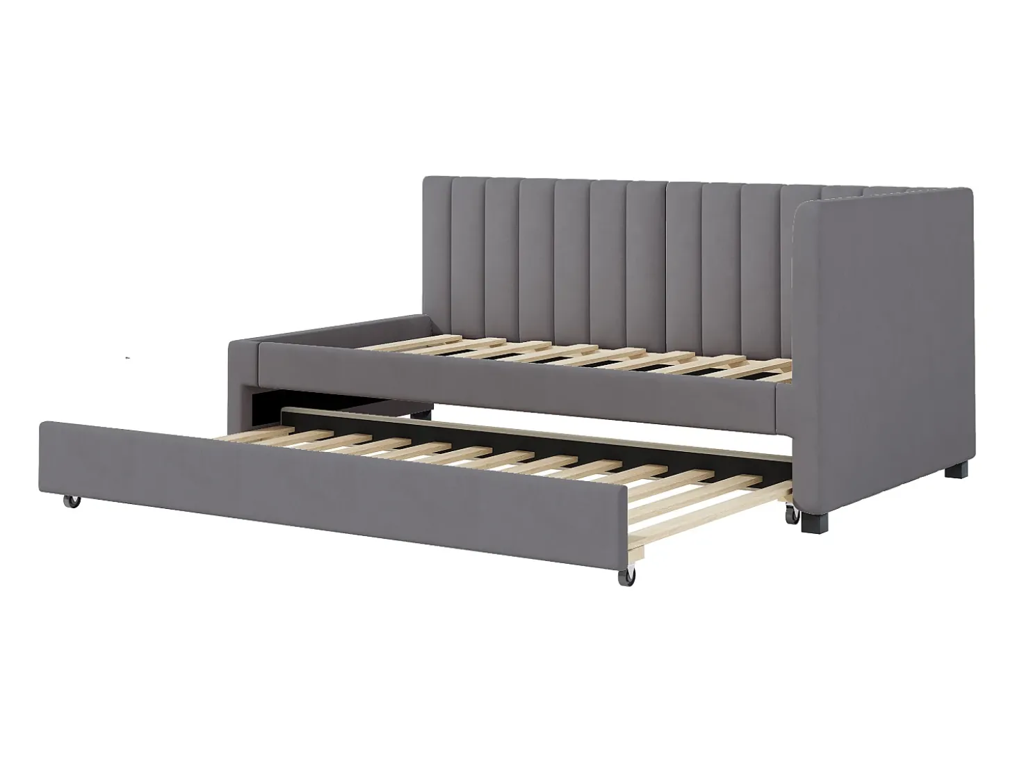 Cama individual 90x200 cm com cama de gavetão - forrada a veludo com base de ripas - Cinza