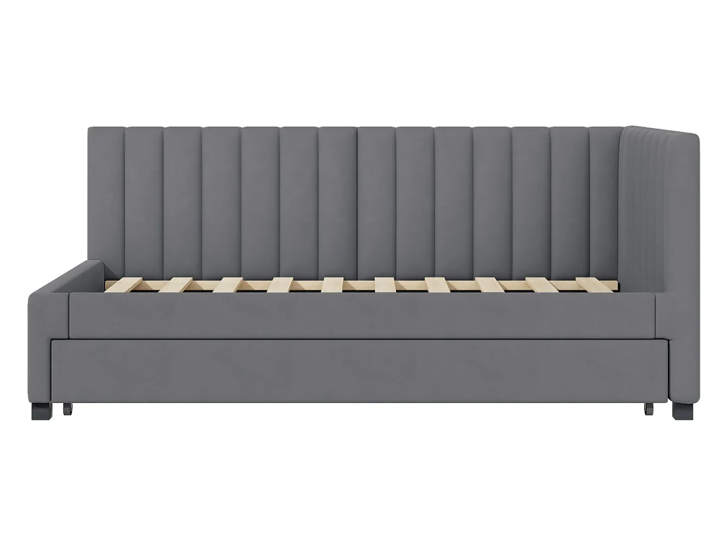 Cama individual 90x200 cm com cama de gavetão - forrada a veludo com base de ripas - Cinza