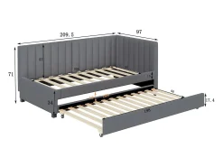 Cama individual 90x200 cm com cama de gavetão - forrada a veludo com base de ripas - Cinza