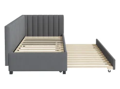 Cama individual 90x200 cm com cama de gavetão - forrada a veludo com base de ripas - Cinza