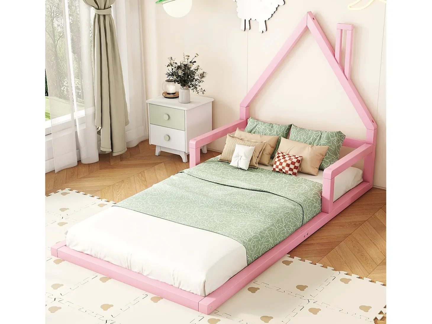 Cama infantil 90 x 200 cm, cama de bebê, formato de casa, pinho maciço, estilo simples, rosa