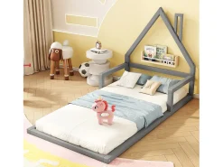 Cama infantil 90 x 200 cm, cama de bebê, formato de casa, pinho maciço, estilo simples, cinza