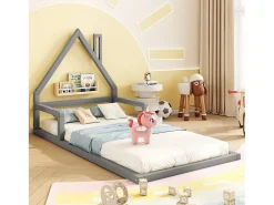 Cama infantil 90 x 200 cm, cama de bebê, formato de casa, pinho maciço, estilo simples, cinza