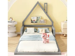 Cama infantil 90 x 200 cm, cama de bebê, formato de casa, pinho maciço, estilo simples, cinza
