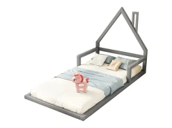 Cama infantil 90 x 200 cm, cama de bebê, formato de casa, pinho maciço, estilo simples, cinza