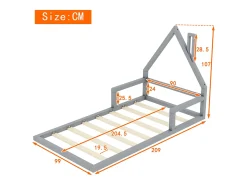 Cama infantil 90 x 200 cm, cama de bebê, formato de casa, pinho maciço, estilo simples, cinza