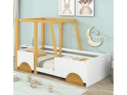Cama infantil 90 x 200cm - com rodízios em MDF, estrutura em pinho, base ripada, cama infantil tipo carro - Natural + Branco