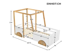 Cama infantil 90 x 200cm - com rodízios em MDF, estrutura em pinho, base ripada, cama infantil tipo carro - Natural + Branco