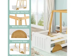Cama infantil 90 x 200cm - com rodízios em MDF, estrutura em pinho, base ripada, cama infantil tipo carro - Natural + Branco
