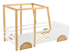 Cama infantil 90 x 200cm - com rodízios em MDF, estrutura em pinho, base ripada, cama infantil tipo carro - Natural + Branco