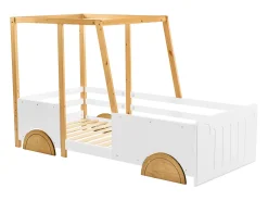 Cama infantil 90 x 200cm - com rodízios em MDF, estrutura em pinho, base ripada, cama infantil tipo carro - Natural + Branco