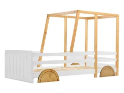 Cama infantil 90 x 200cm - com rodízios em MDF, estrutura em pinho, base ripada, cama infantil tipo carro - Natural + Branco