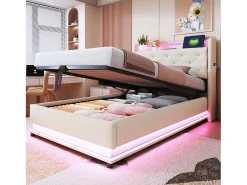 Cama infantil acolchoada com arrumação - 90 x 200 cm - com LEDs + USB + cabeceira dobrável - arrumação hidráulica - tecido de linho - bege